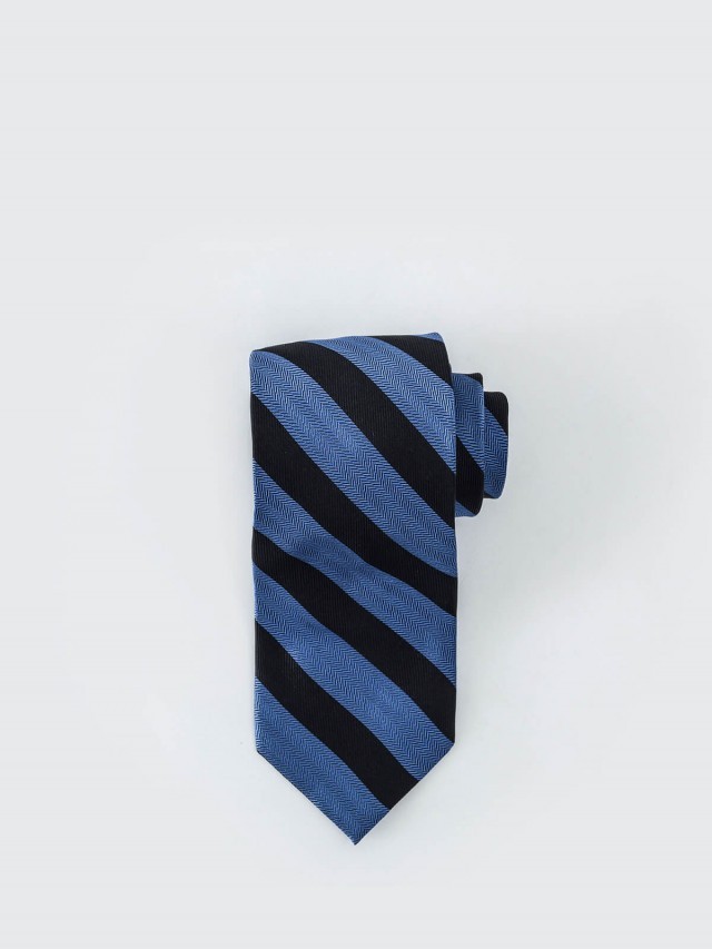 Tommy Hilfiger 雙色寬紋質感領帶 - 黑 x 藍